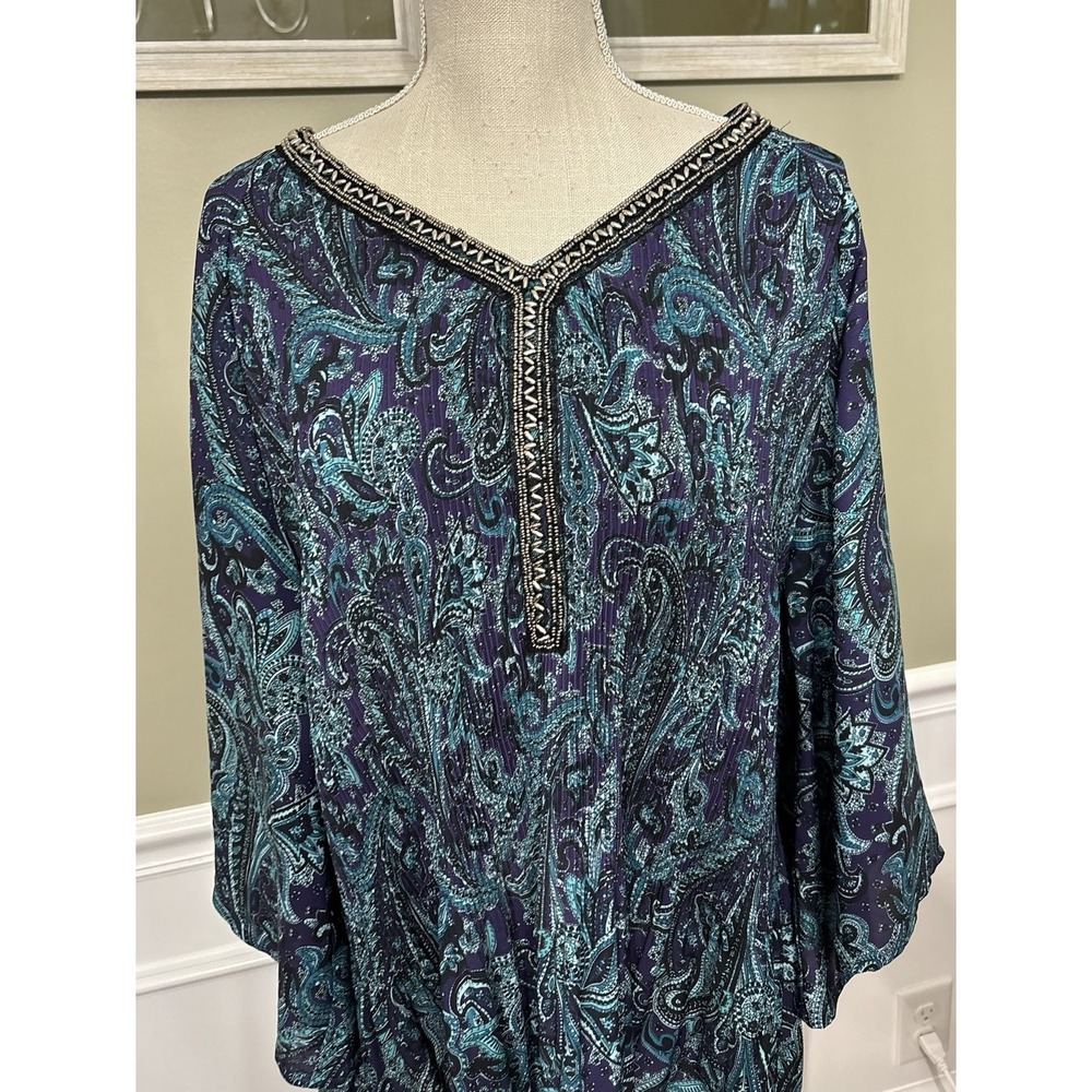 Catherines Bejeweled Pleated Blouse 3x V Neck Paisley Blue Resortwear - Picture 2 of 10